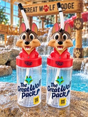 Great Wolf Lodge Wiley Wolf Souvenir Character Cups Straws Set of 2